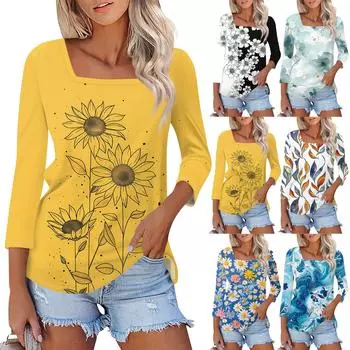 Рубашка для женщин, модная повседневная свободная футболка с квадратным вырезом и рукавами 3/4, женский топ L чёрный