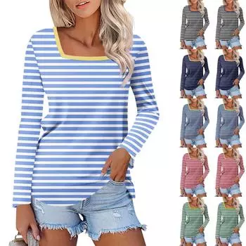 Рубашка для женщин, модная повседневная свободная футболка с квадратным вырезом и длинным рукавом с принтом, женский топ L чёрный