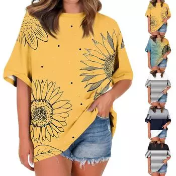 Рубашка для женщин, модная повседневная свободная футболка с принтом и круглым вырезом, с короткими рукавами и принтом, женский топ L чёрный