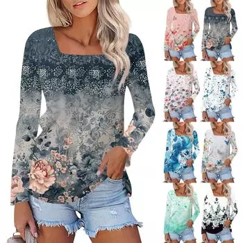 Рубашка для женщин, модная повседневная свободная футболка с квадратным вырезом и длинным рукавом с принтом, женский топ XXXL синий