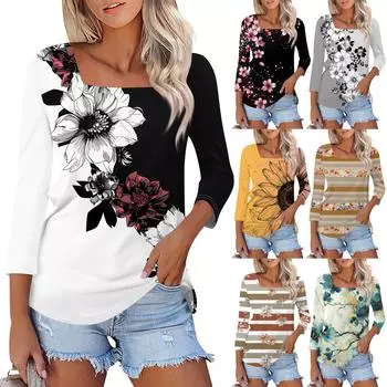 Рубашка для женщин, модная повседневная свободная футболка с квадратным вырезом и рукавами 3/4, женский топ L чёрный