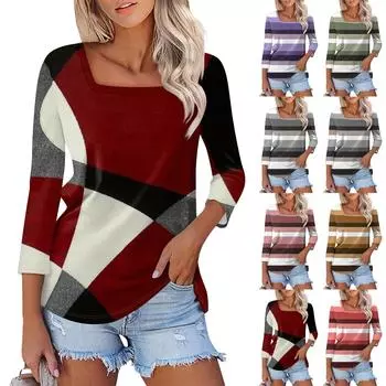 Рубашка для женщин, модная повседневная свободная футболка с квадратным вырезом и рукавами 3/4, женский топ L винный