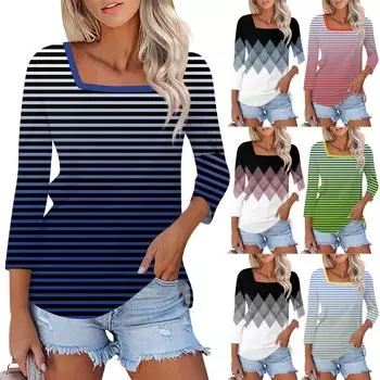 Рубашка для женщин, модная повседневная свободная футболка с квадратным вырезом и рукавами 3/4, женский топ S зелёный