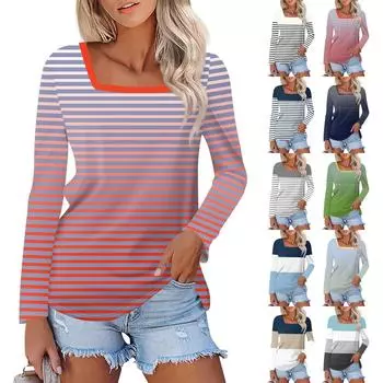 Рубашка для женщин, модная повседневная свободная футболка с квадратным вырезом и длинным рукавом с принтом, женский топ XL