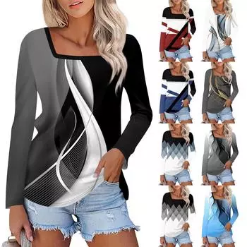 Рубашка для женщин, модная повседневная свободная футболка с квадратным вырезом и длинным рукавом с принтом, женский топ M чёрный