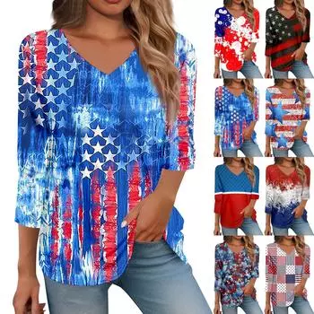 Рубашка для женщин. Модная повседневная свободная футболка с v-образным вырезом и рукавами 3/4. Женский топ. L синий