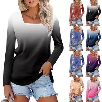 Рубашка для женщин, модная повседневная свободная футболка с квадратным вырезом и длинным рукавом с принтом, женский топ L чёрный