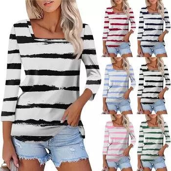 Рубашка для женщин, модная повседневная свободная футболка с квадратным вырезом и рукавами 3/4, женский топ XXL красный