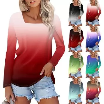 Рубашка для женщин, модная повседневная свободная футболка с квадратным вырезом и длинным рукавом с принтом, женский топ XXL