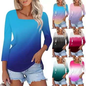 Рубашка для женщин, модная повседневная свободная футболка с квадратным вырезом и рукавами 3/4, женский топ L чёрный