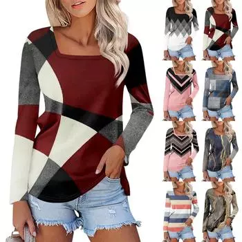 Рубашка для женщин, модная повседневная свободная футболка с квадратным вырезом и длинным рукавом с принтом, женский топ L темно-синий