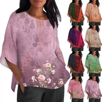 Рубашка для женщин, модная повседневная свободная футболка с круглым вырезом и рукавами 3/4, женский топ L