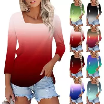 Рубашка для женщин, модная повседневная свободная футболка с квадратным вырезом и рукавами 3/4, женский топ L