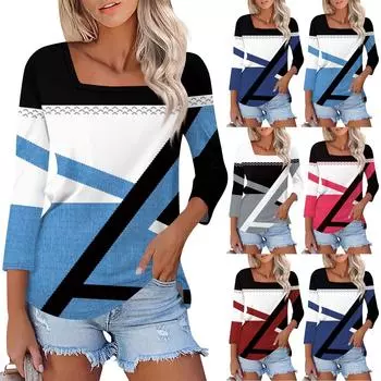 Рубашка для женщин, модная повседневная свободная футболка с квадратным вырезом и рукавами 3/4, женский топ L синий