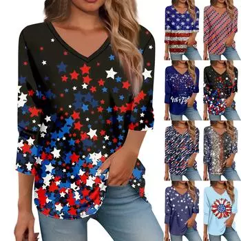 Рубашка для женщин. Модная повседневная свободная футболка с v-образным вырезом и рукавами 3/4. Женский топ. L чёрный