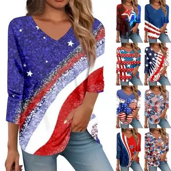 Рубашка для женщин. Модная повседневная свободная футболка с v-образным вырезом и рукавами 3/4. Женский топ. L чёрный