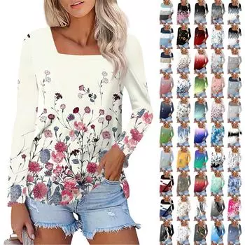 Рубашка для женщин, модная повседневная свободная футболка с квадратным вырезом и длинным рукавом с принтом, женский топ XL белый