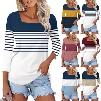 Рубашка для женщин, модная повседневная свободная футболка с квадратным вырезом и рукавами 3/4, женский топ L синий