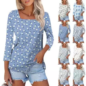 Рубашка для женщин, модная повседневная свободная футболка с квадратным вырезом и рукавами 3/4, женский топ XXL зелёный