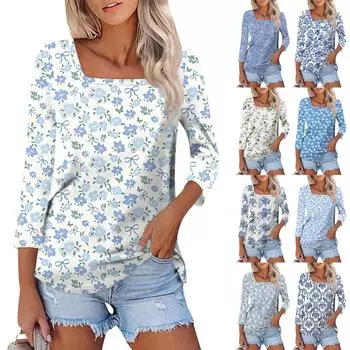 Рубашка для женщин, модная повседневная свободная футболка с квадратным вырезом и рукавами 3/4, женский топ S синий