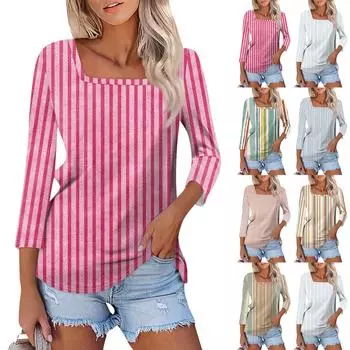 Рубашка для женщин, модная повседневная свободная футболка с квадратным вырезом и рукавами 3/4, женский топ S белый