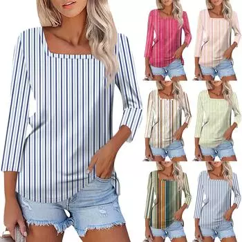 Рубашка для женщин, модная повседневная свободная футболка с квадратным вырезом и рукавами 3/4, женский топ XXL синий