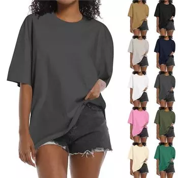 Рубашка для женщин, модная повседневная свободная однотонная футболка с короткими рукавами и круглым вырезом, женский топ L бежевый