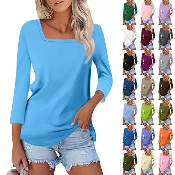 Рубашка для женщин, модная повседневная свободная однотонная футболка с квадратным вырезом и рукавами 3/4, женский топ XXL синий
