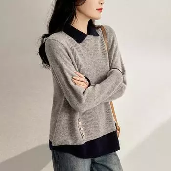 Рубашка для женщин, свободная блузка из хлопка большого размера, имитация двух частей, повседневный свитер с длинным рукавом и отложным воротником, верхняя часть рубашки M белый