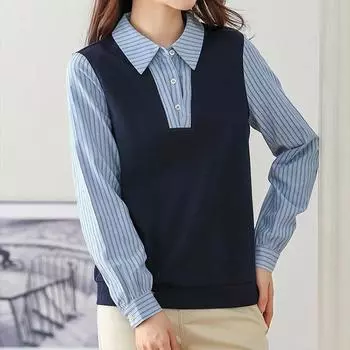 Рубашка для женщин, свободная блузка из хлопка большого размера, имитация двух частей, повседневный свитер с длинным рукавом и отложным воротником, верхняя часть рубашки M синий