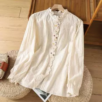 Рубашка для женщин, свободная хлопковая блузка большого размера, повседневная, с длинным рукавом, отложным воротником, рубашка, топ XXL белый