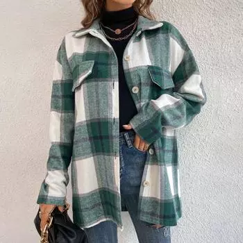 Рубашка для женщин, свободная хлопковая блузка большого размера, повседневный свитер в клетку с длинным рукавом и отложным воротником, рубашка сверху S