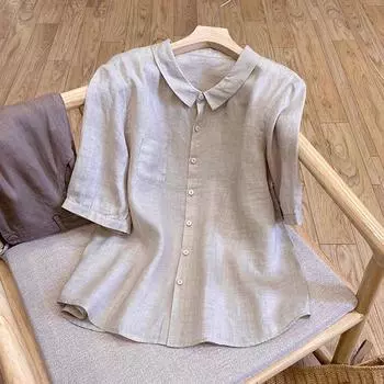 Рубашка для женщин, свободная хлопковая блузка большого размера, повседневная, с длинным рукавом, отложным воротником, рубашка, топ M синий