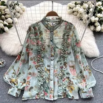 Рубашка для женщин, свободная хлопковая блузка большого размера, повседневный свитер с длинным рукавом, кружевной топ с принтом S чёрный