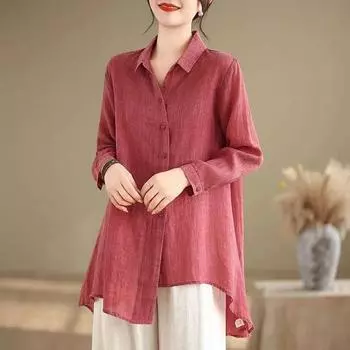 Рубашка для женщин, свободная хлопковая блузка большого размера, повседневный свитер с длинным рукавом и отложным воротником, длинная рубашка, топ XL серый