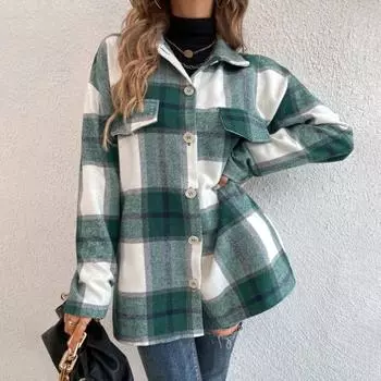 Рубашка для женщин, свободная хлопковая блузка большого размера, повседневный свитер в клетку с длинным рукавом и отложным воротником, рубашка сверху S