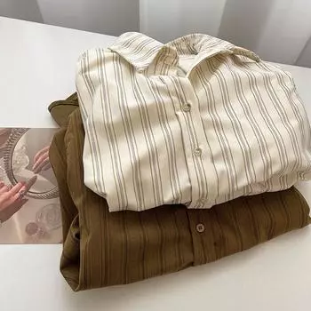 Рубашка для женщин, свободная, мягкая, хлопковая блузка, блузка с длинным рукавом, повседневная, полосатая рубашка M дубильная кора