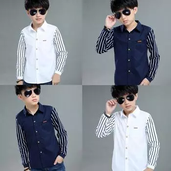Рубашка джентльмена с длинным рукавом в полоску с длинными рукавами для мальчиков-подростков, топы, одежда 170 тёмно-синий