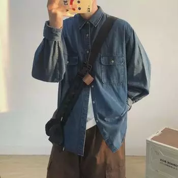 Рубашка джинсовая унисекс с двумя карманами - длинный рукав, свободный крой, повседневная куртка в американском стиле ретро L синий