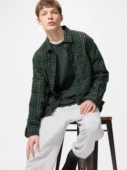 Рубашка фланелевая в клетку Uniqlo с длинным рукавом H 58 DARK GREEN/UNISEX S