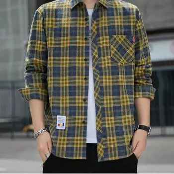 Рубашка Foreign Trade с длинным рукавом, повседневная свободная клетчатая рубашка для весны и осени, мужская модная брендовая дюймовая рубашка, тонкая куртка S хаки