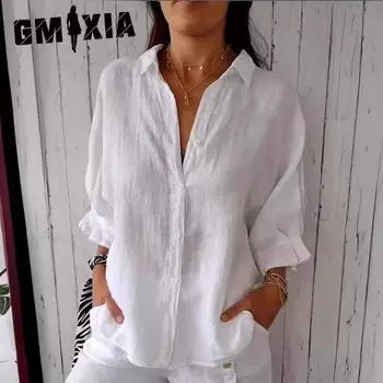 Рубашка GMXIA Spring из хлопка и льна со шнуровкой сзади S армия зеленый