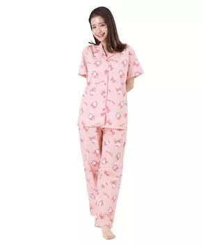 Рубашка Hello Kitty, пижама, хлопковая, с коротким рукавом, длинные штаны, комплект из верхней и нижней частей, комнатная одежда, домашняя одежда, лента, лента Hello Kitty [SAZAC] 100% красный