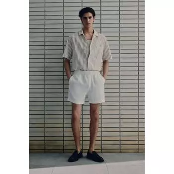 Рубашка HM Regular Fit из смесового льна Бежево-белая полоска