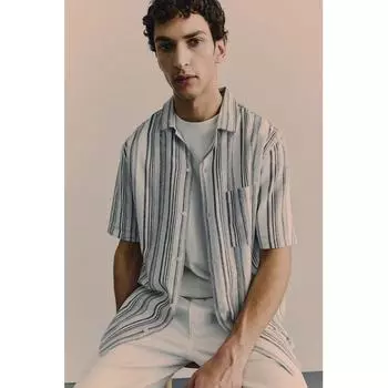 Рубашка HM Regular Fit из смесового льна в серую полоску