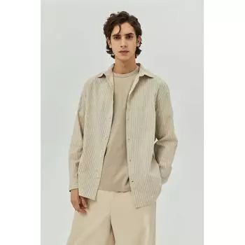 Рубашка HM Regular Fit из смесового льна, бежевая полоска