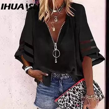 Рубашка IHUASU с V-образным вырезом и застежкой-молнией, рукава-трубы, свободная повседневная рубашка в сетку в стиле пэчворк для женщин S белый