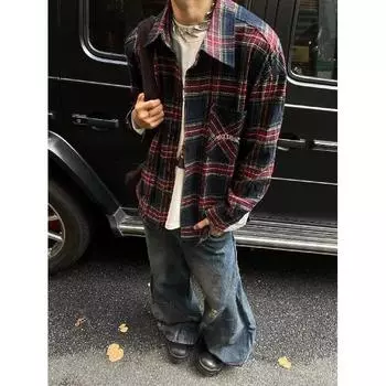 Рубашка Inknots American Retro Brushed Warm Loose Plaid Shirt Men and Women Vintage Shirt Coat Fashion M красный