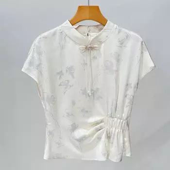 Рубашка из атласного жаккарда в стиле ретро с воротником-стойкой для женщин, новый женский китайский топ со складками на талии S