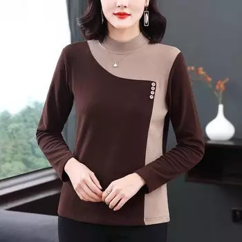Рубашка из бархатной основы для женской одежды, теплая футболка с длинным рукавом и полувысоким воротом, одежда больших размеров M темно-коричневого